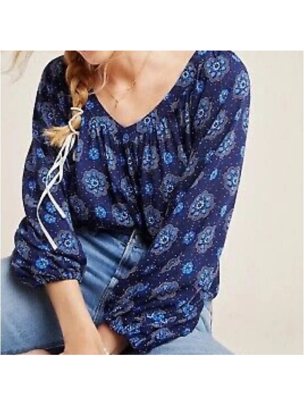 Anthropologie Maeve Navy Blue 3/4 Sleeve Peasant Floral Shirt Blouse US Size 2 - Picture 7 of 10